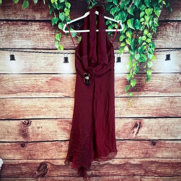 BCBG Max Azria Halter 100% Silk Chiffon Crimson Red Midi Dress Size 10 Low VNeck - Picture 6 of 9